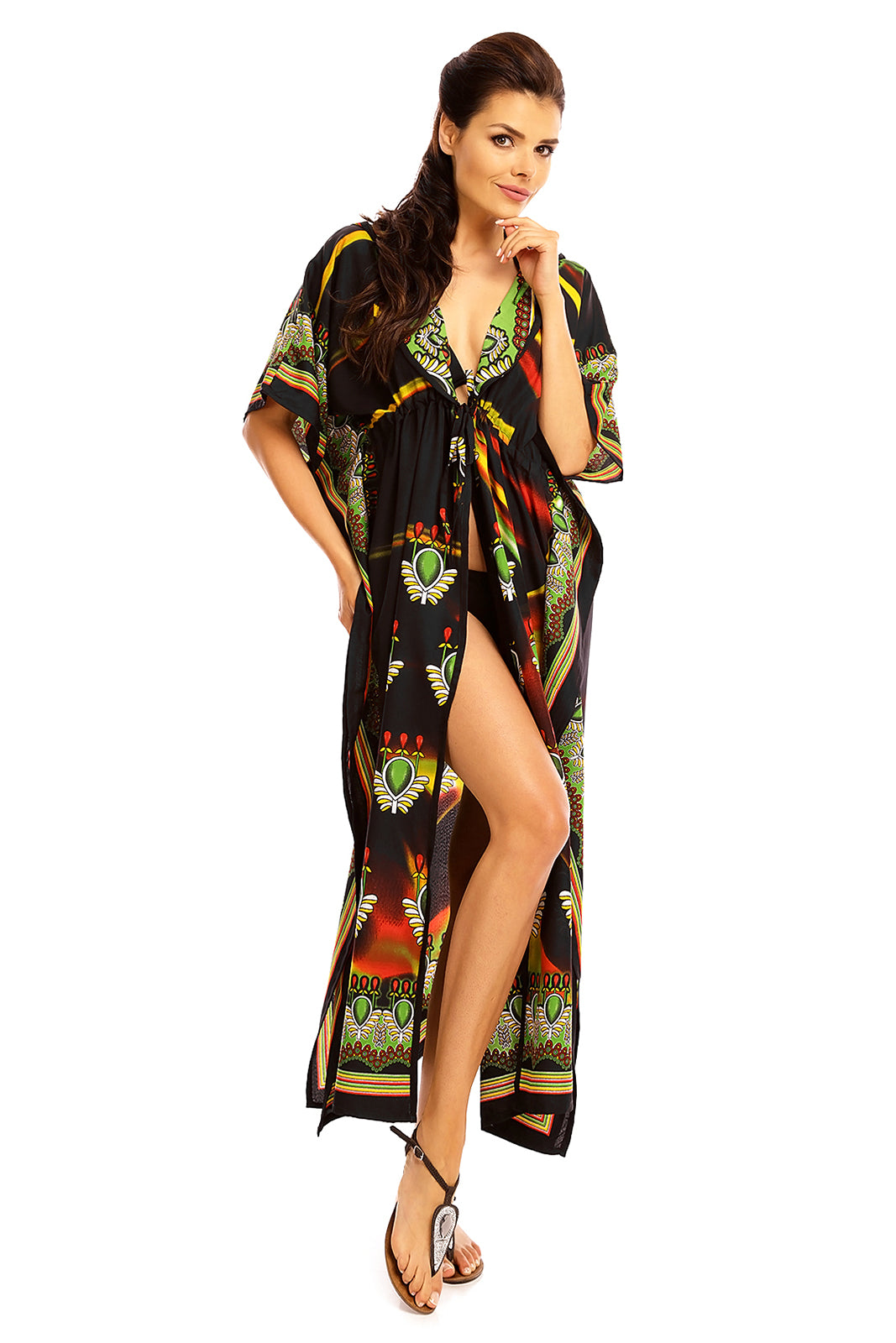 Ladies Hooded Kimono Gown Kaftan in Tribal Print  - Black - Pack of 12