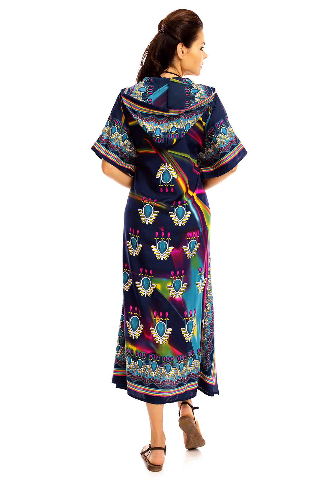 Ladies Hooded Kimono Gown Kaftan in Tribal Print  -  Blue - Pack of 12