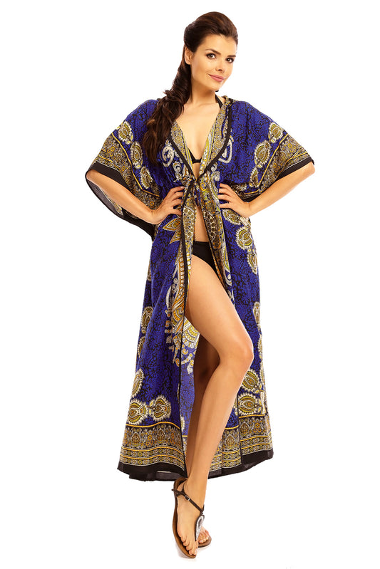 Ladies Hooded Kimono Gown Kaftan in Tribal Print  - Blue - Pack of 12