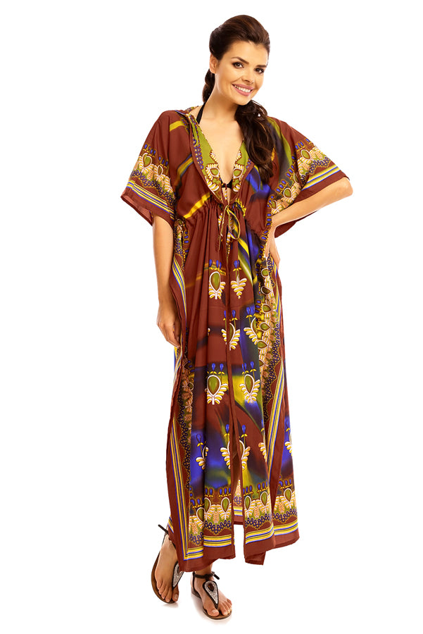 Ladies Hooded Kimono Gown Kaftan in Tribal Print  - Brown - Pack of 12