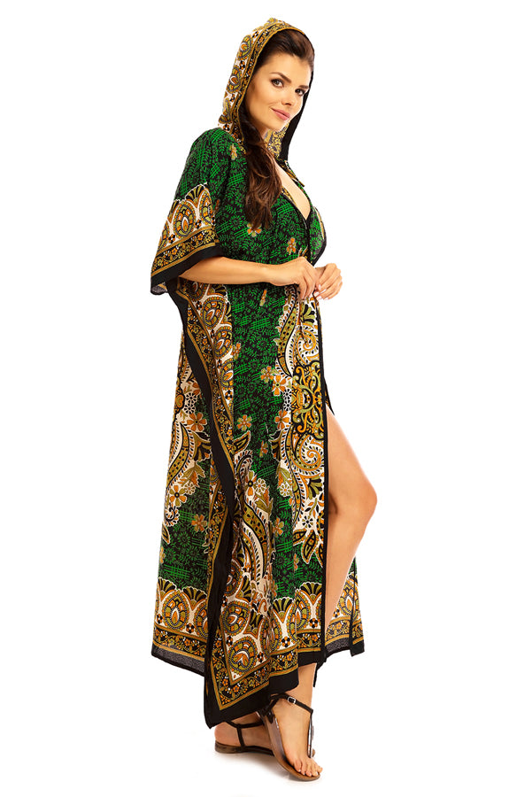 Ladies Hooded Kimono Gown Kaftan in Tribal Print  -  Green - Pack of 12