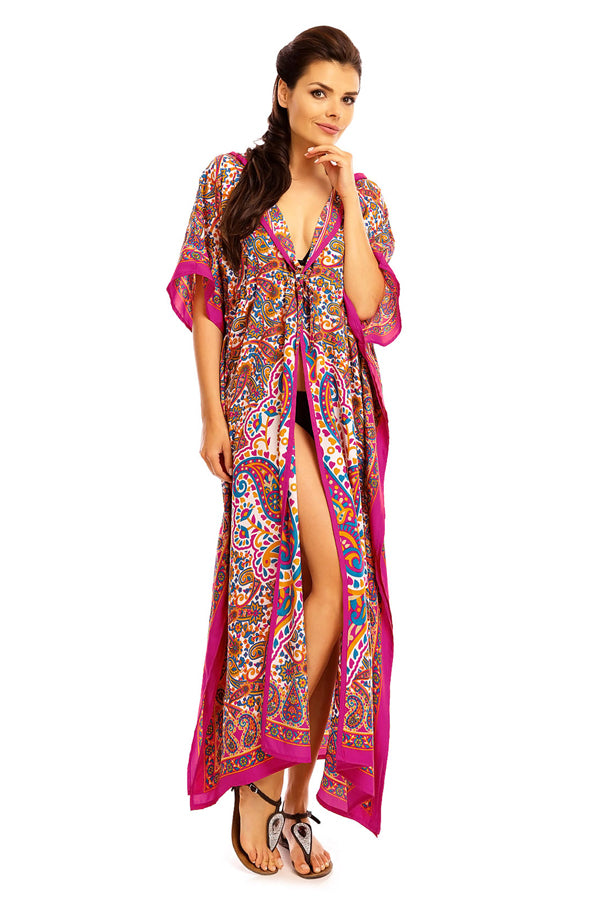Ladies Hooded Kimono Gown Kaftan in Tribal Print  -  Pink - Pack of 12
