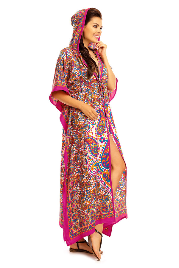 Ladies Hooded Kimono Gown Kaftan in Tribal Print  -  Pink - Pack of 12