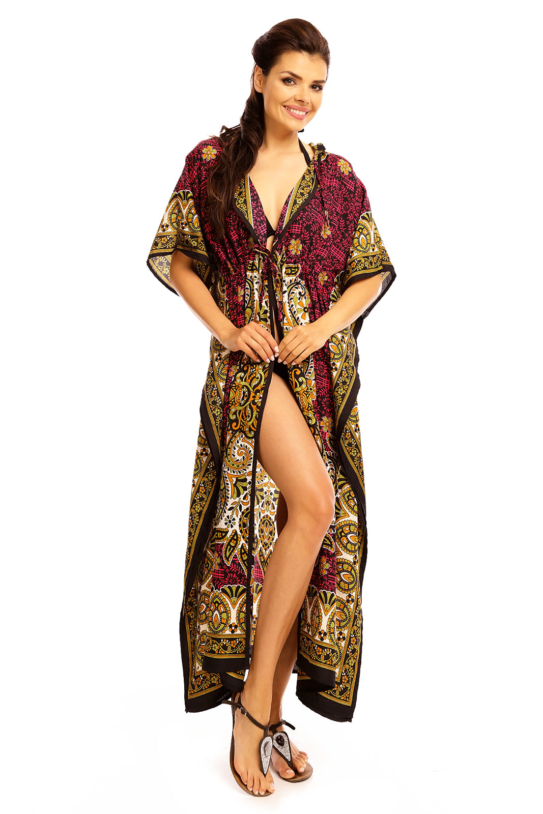 Ladies Hooded Kimono Gown Kaftan in Tribal Print  - Pink - Pack of 12