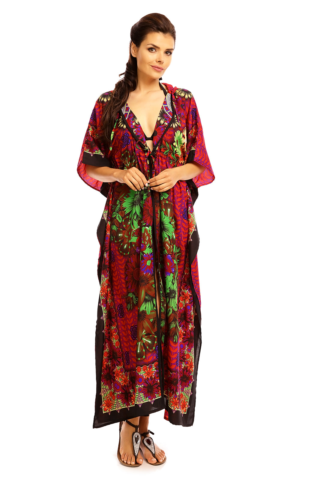 Ladies Hooded Kimono Gown Kaftan in Tribal Print  -  Purple - Pack of 12