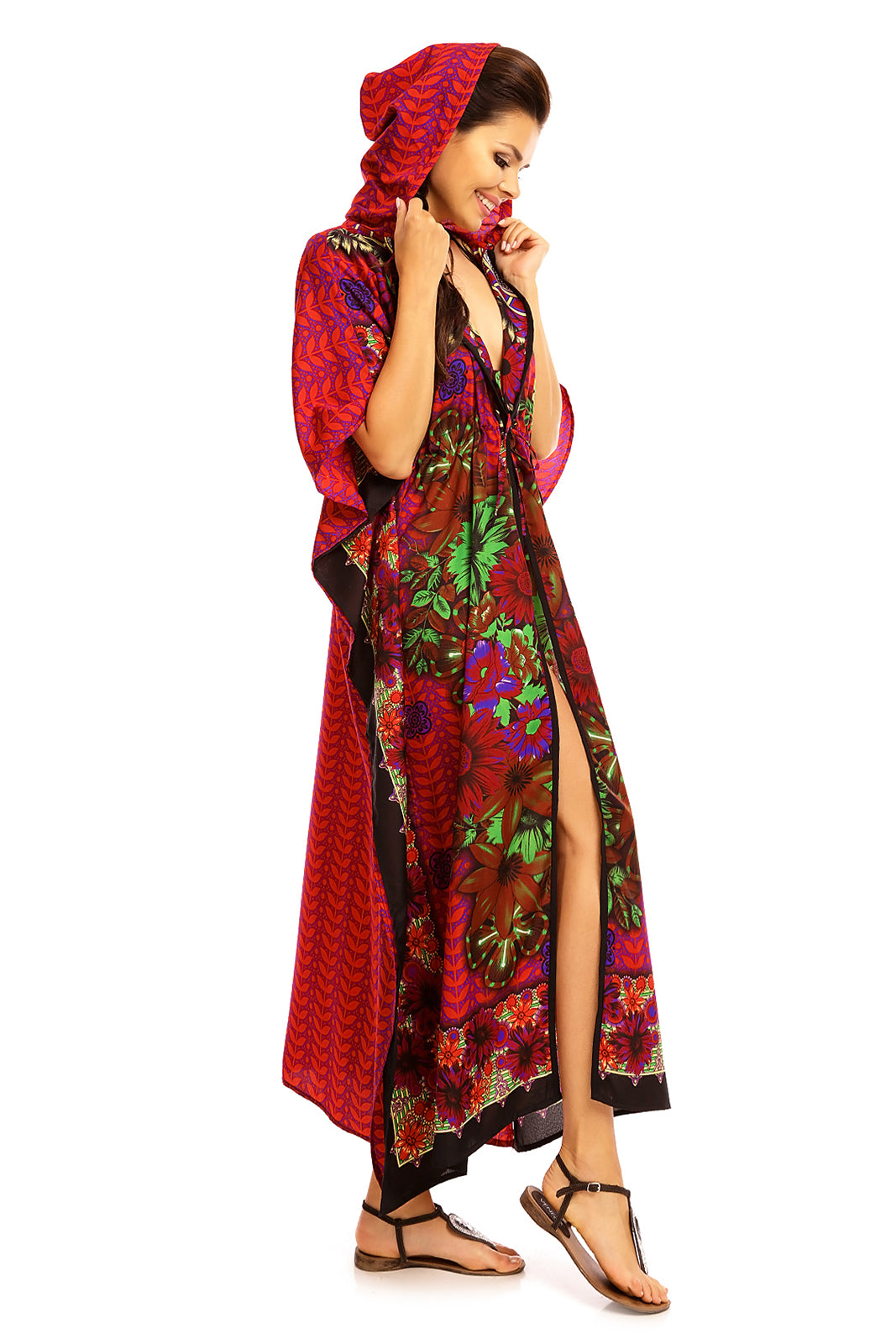 Ladies Hooded Kimono Gown Kaftan in Tribal Print  -  Purple - Pack of 12