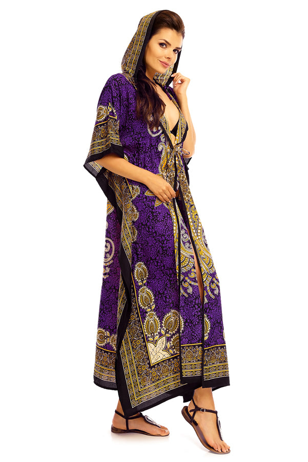 Ladies Hooded Kimono Gown Kaftan in Tribal Print  - Purple - Pack of 12
