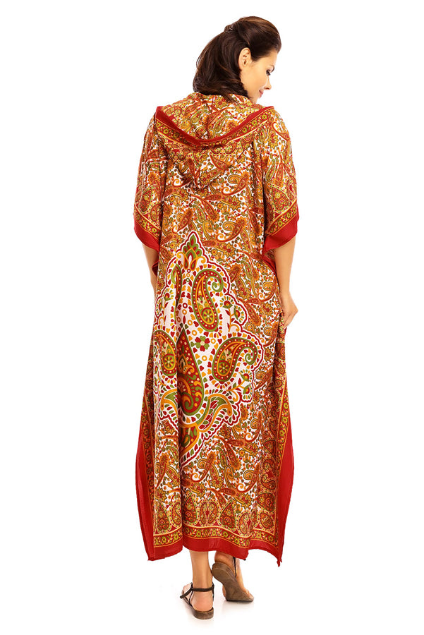 Ladies Hooded Kimono Gown Kaftan in Tribal Print  -  Red - Pack of 12