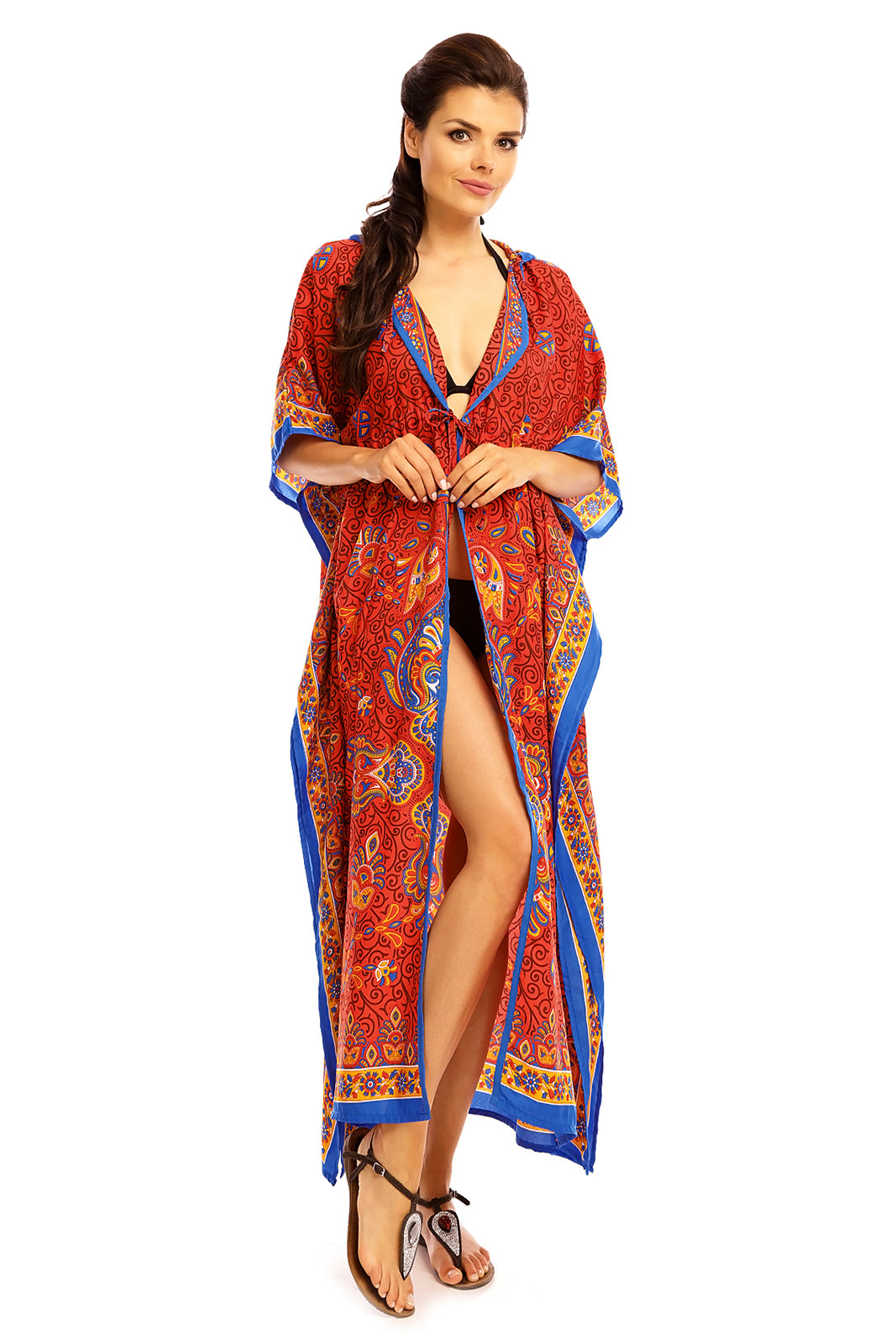 Ladies Hooded Kimono Gown Kaftan in Tribal Print  -  Red - Pack of 12