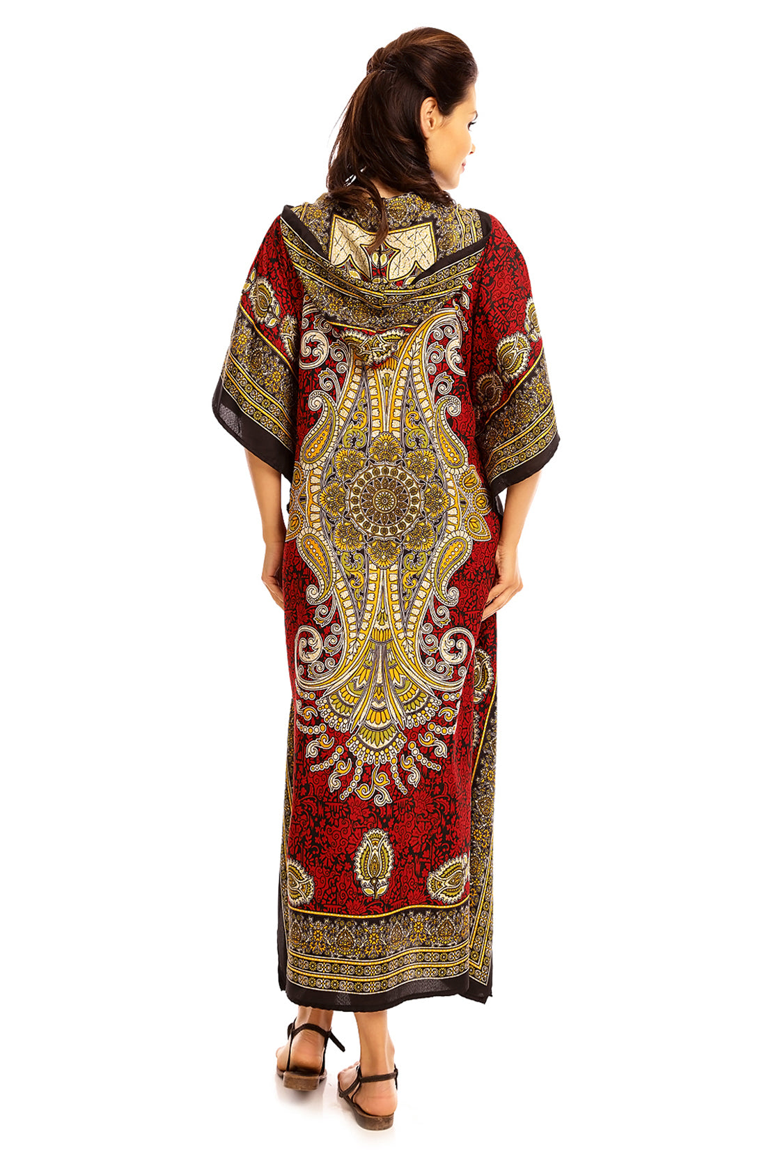 Ladies Hooded Kimono Gown Kaftan in Tribal Print  - Red - Pack of 12