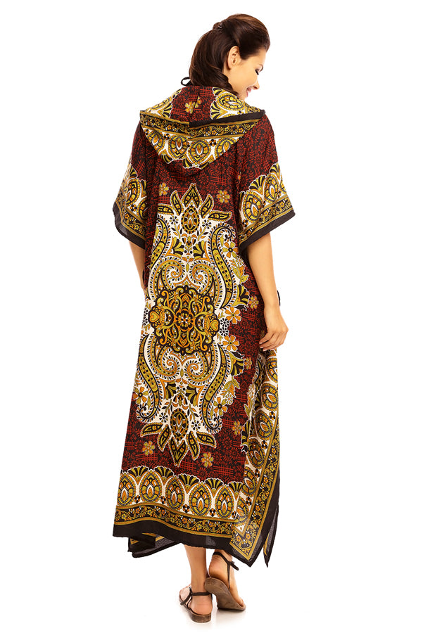 Ladies Hooded Kimono Gown Kaftan in Tribal Print  - Red - Pack of 12