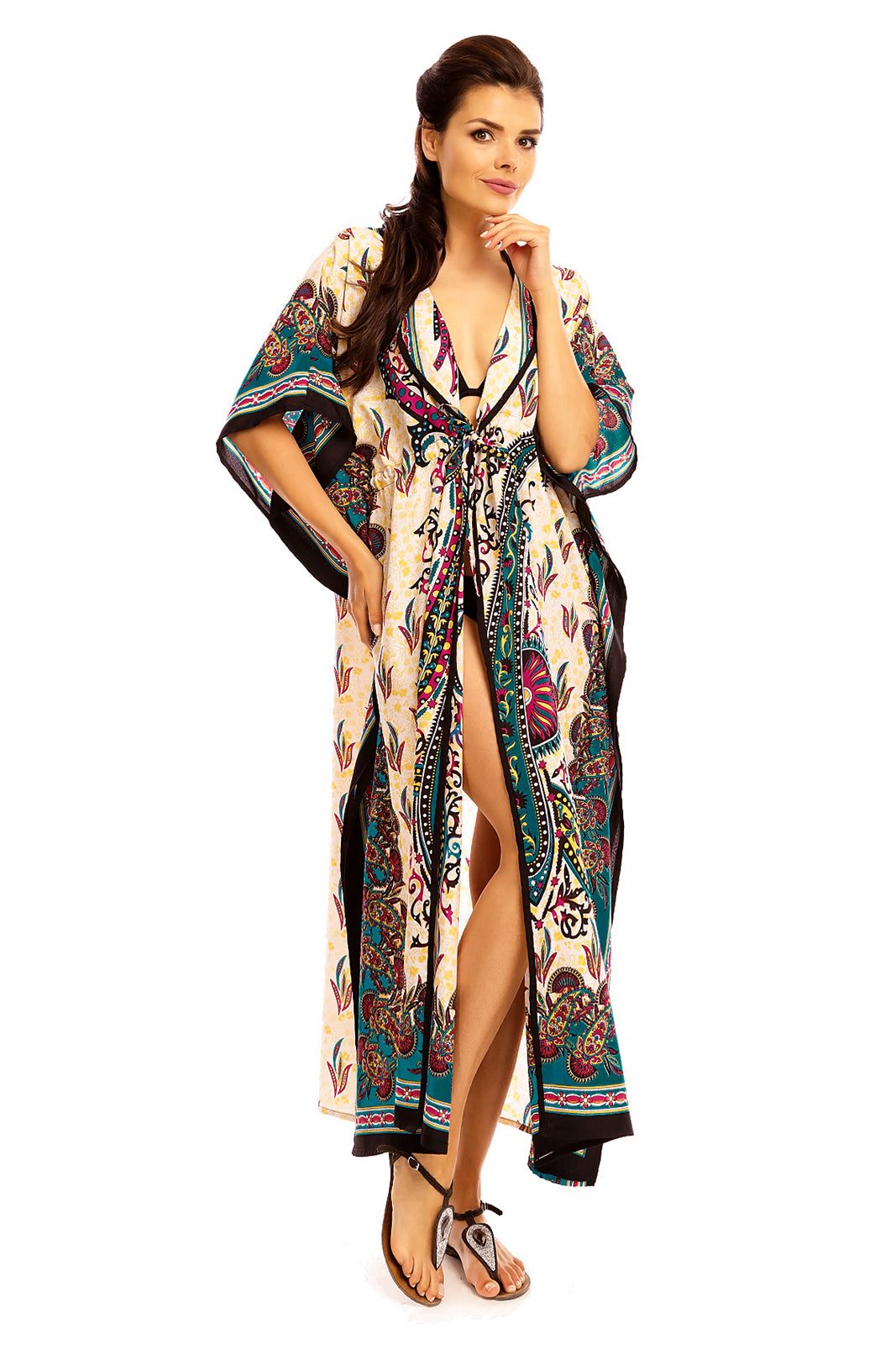 Ladies Hooded Kimono Gown Kaftan in Tribal Print  -  Teal - Pack of 12