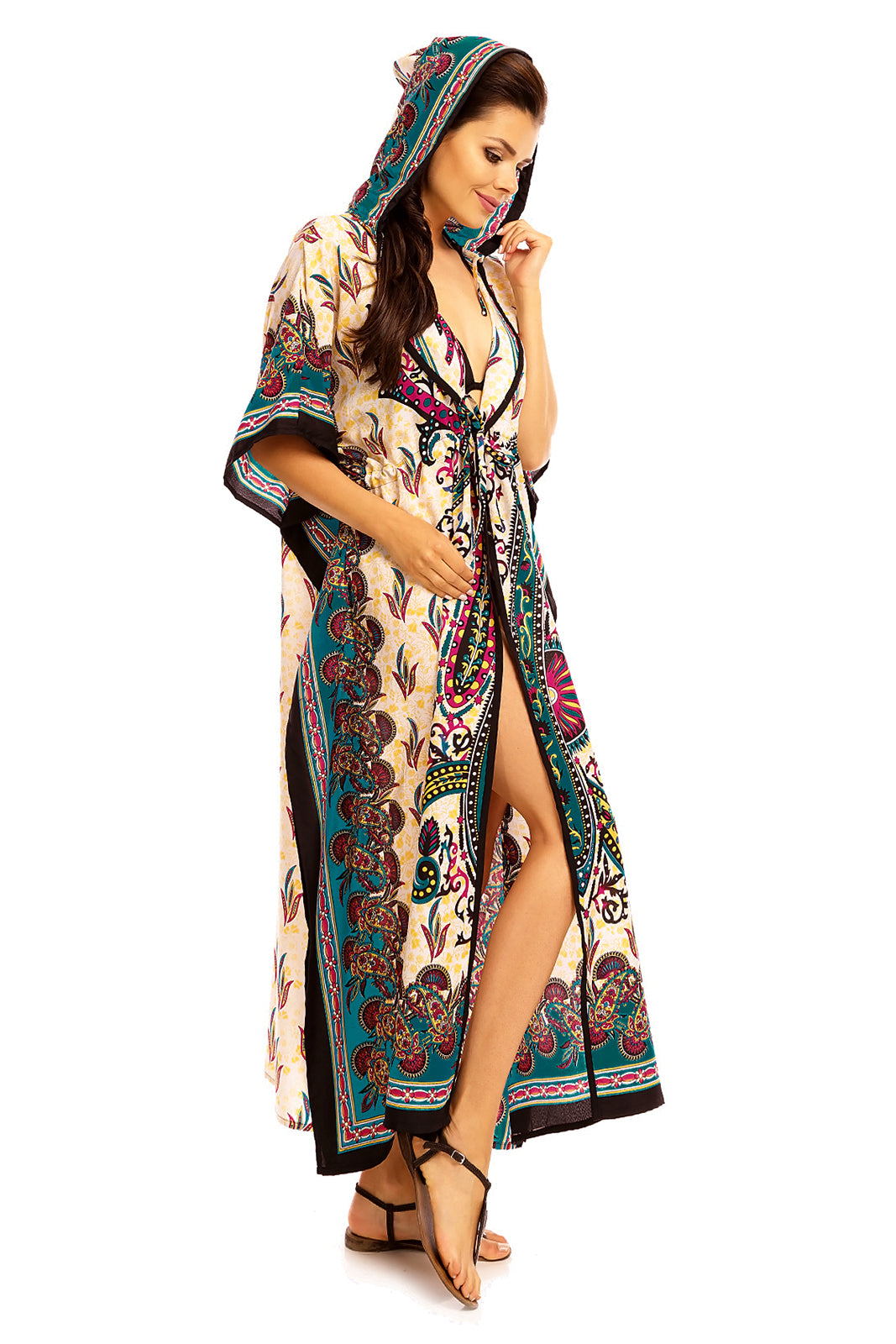 Ladies Hooded Kimono Gown Kaftan in Tribal Print  -  Teal - Pack of 12
