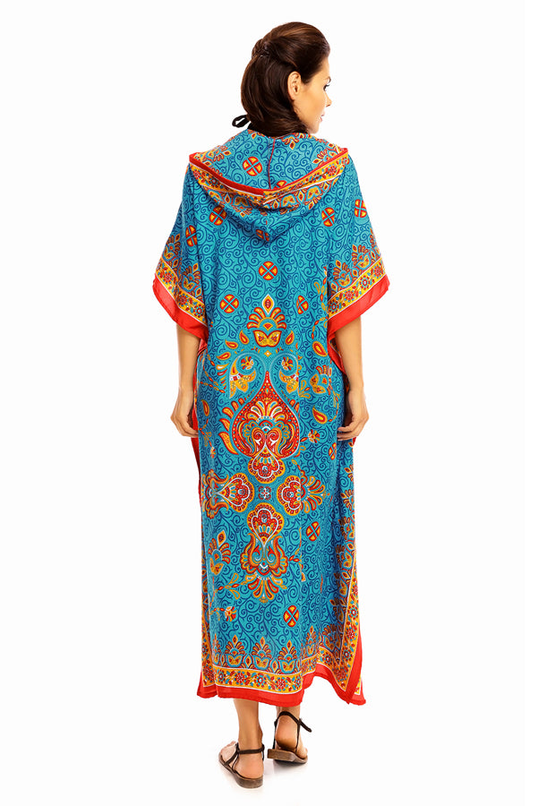 Ladies Hooded Kimono Gown Kaftan in Tribal Print  -  Blue - Pack of 12