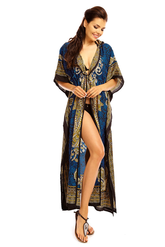 Ladies Hooded Kimono Gown Kaftan in Tribal Print  -Teal - Pack of 12