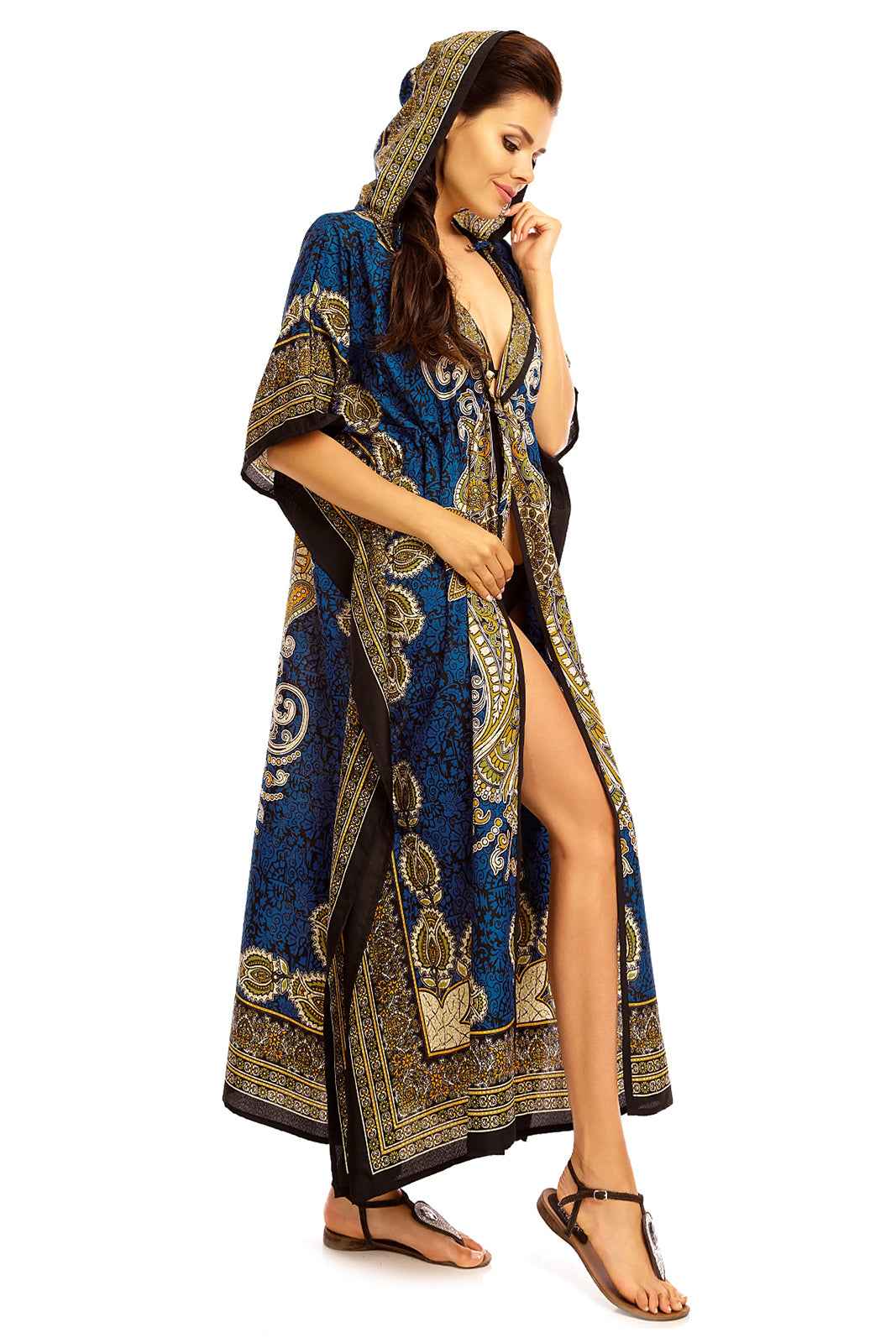 Ladies Hooded Kimono Gown Kaftan in Tribal Print  -Teal - Pack of 12