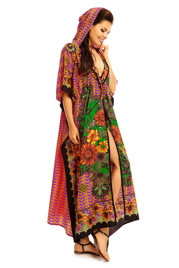 Ladies Hooded Kimono Gown Kaftan in Tribal Print  -  Yellow - Pack of 12