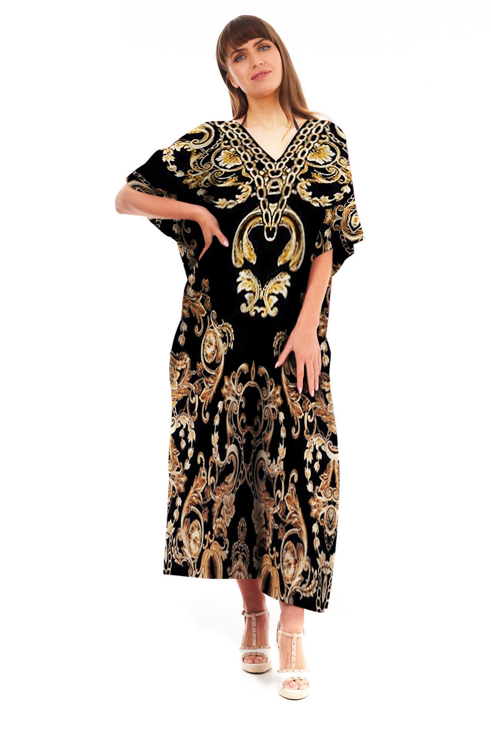 Full Length Long Maxi Kaftan Dress Chain Print in Black - Pack of 12