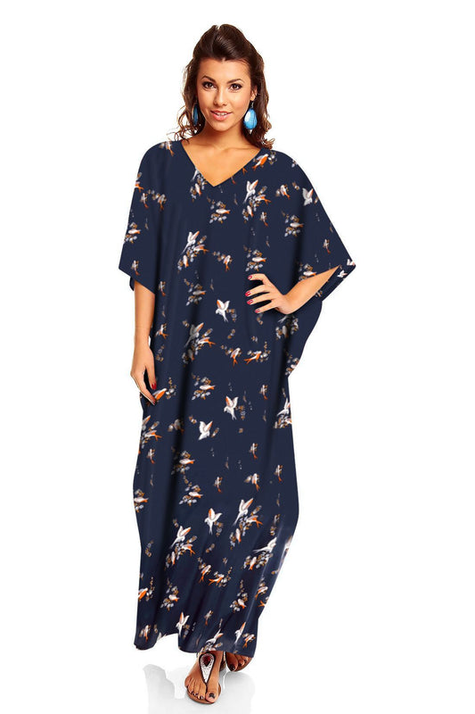 Full Length Long Maxi Kaftan Dress In Bird Print