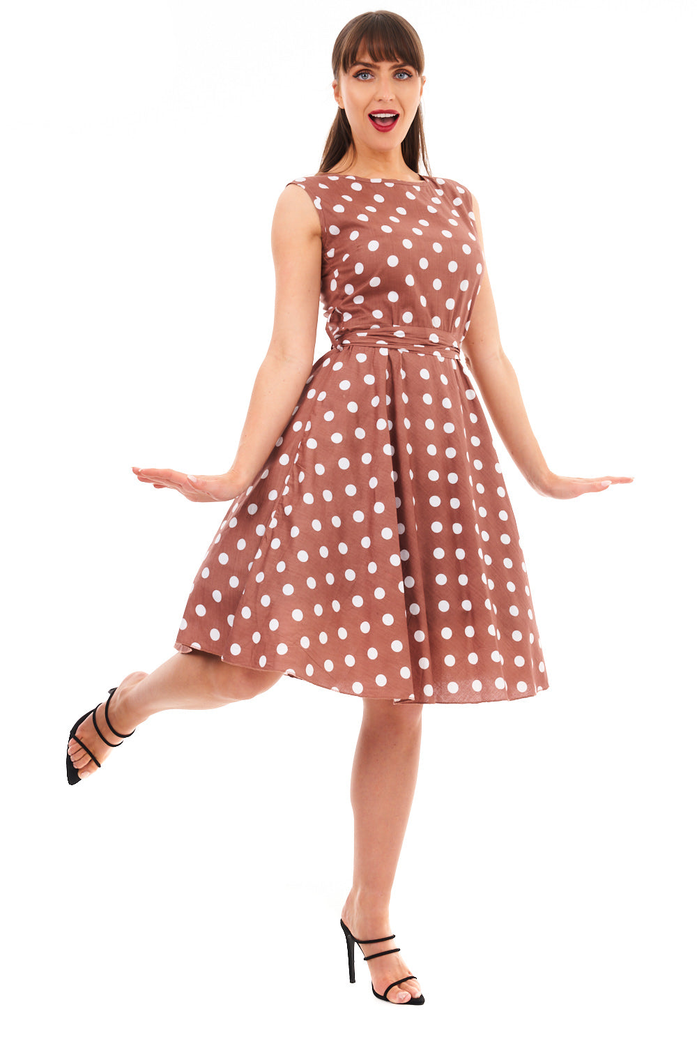 Ladies Retro Vintage 1940's /1950s Inspired Polka Dot Dress in Beige