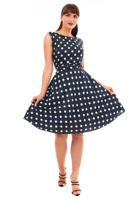 Ladies Retro Vintage 1940's / 1950s Inspired Polka Dot Dress in Navy