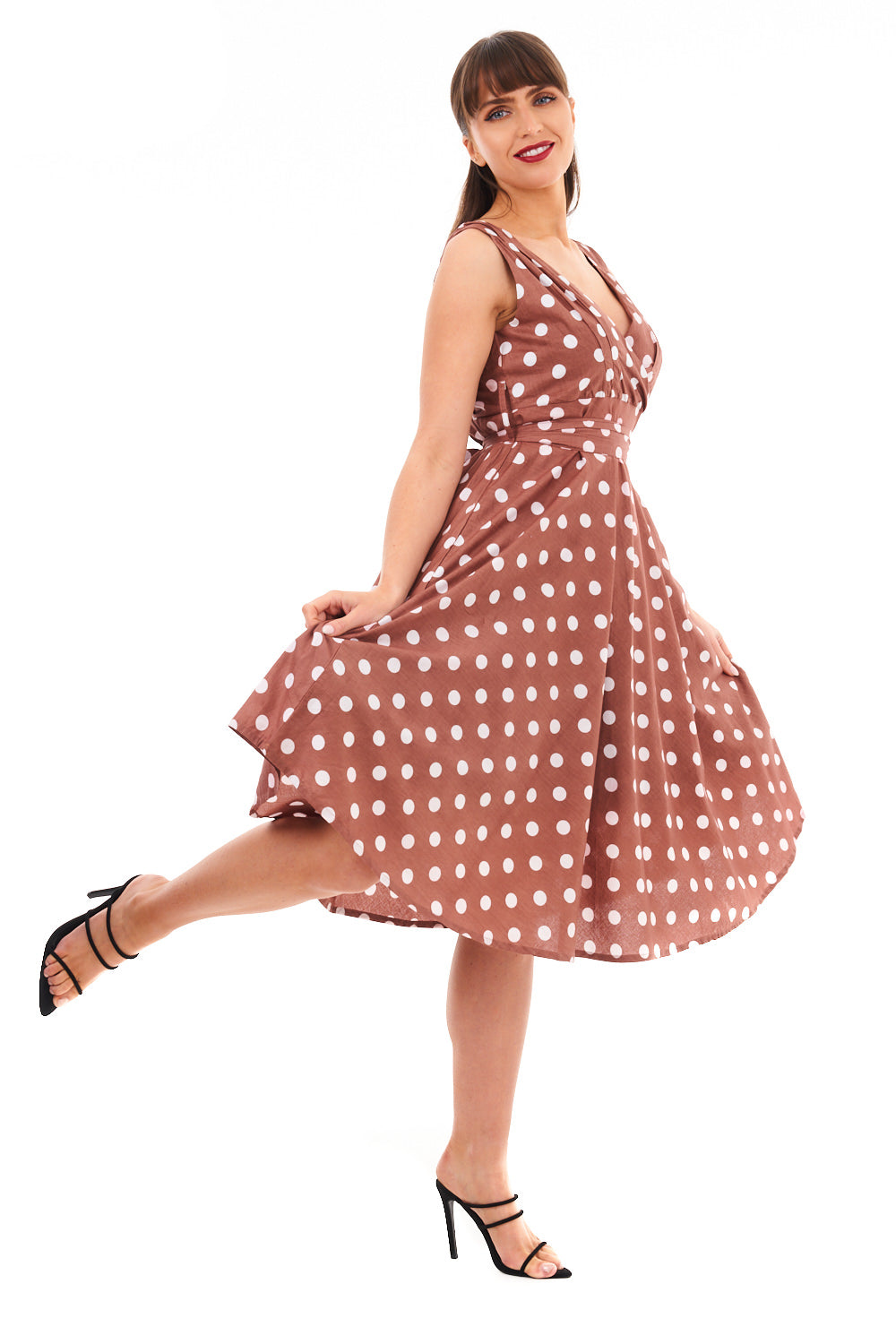 Ladies Retro Vintage 1950's Rockabilly Swing Polka Dot Dress in Beige