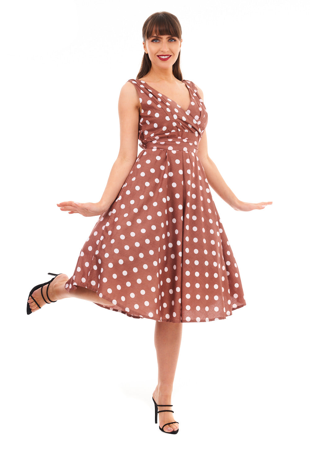 Ladies Retro Vintage 1950's Rockabilly Swing Polka Dot Dress in Beige