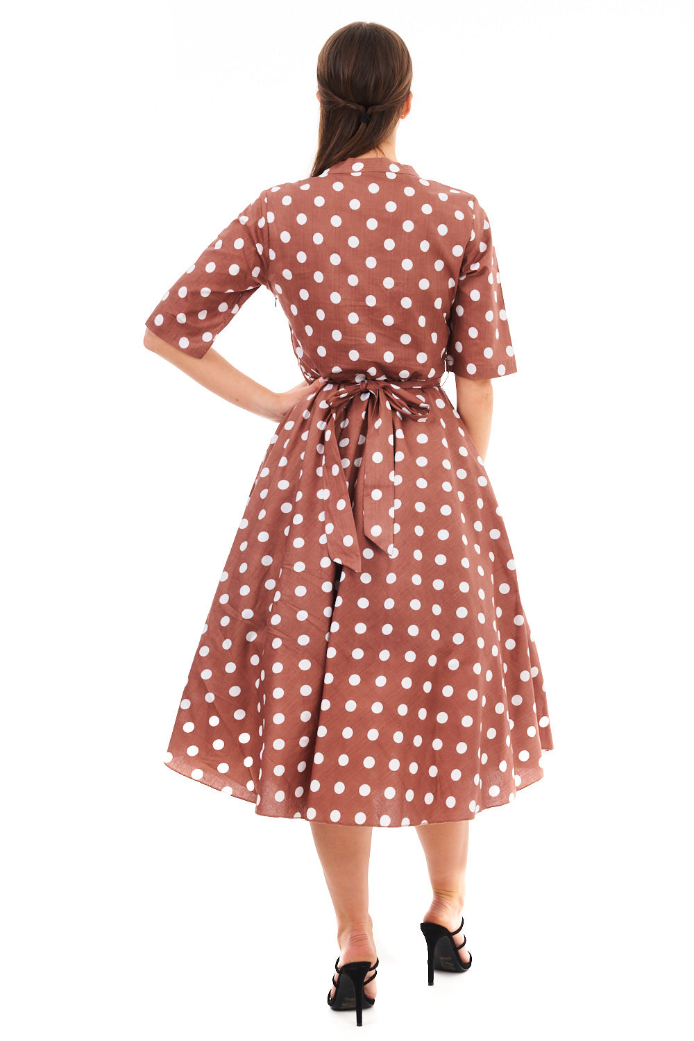 Retro Vintage 1940's Polka Dot Shirt Dress in Beige