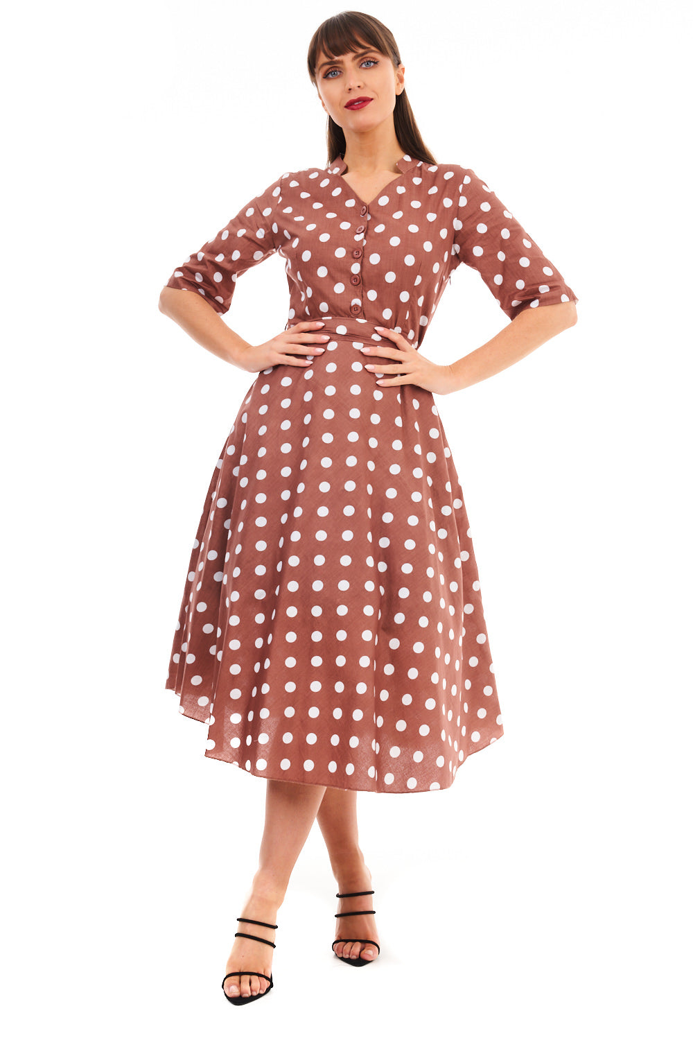 Retro Vintage 1940's Polka Dot Shirt Dress in Beige