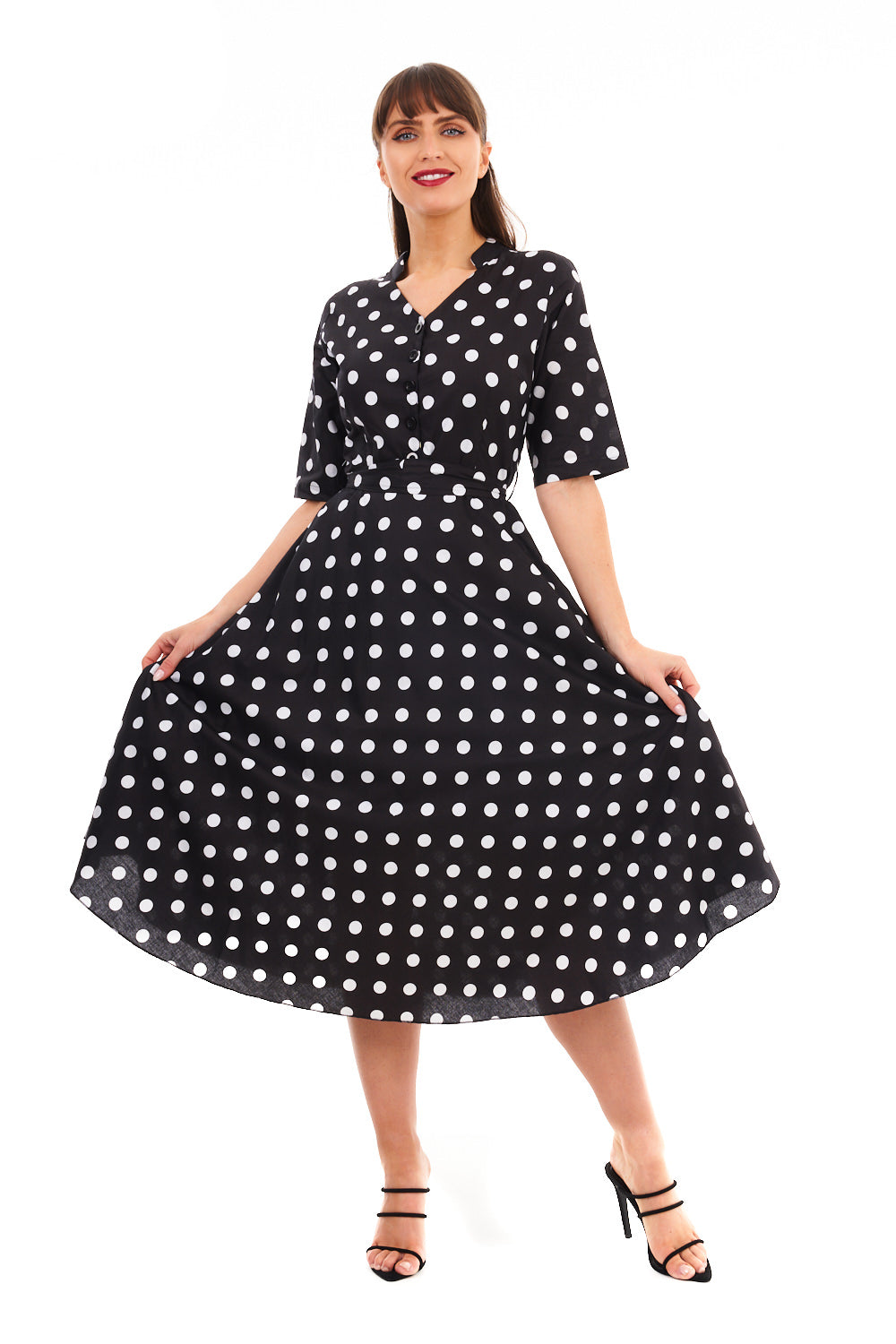 Retro Vintage 1940's Polka Dot Shirt Dress in Black