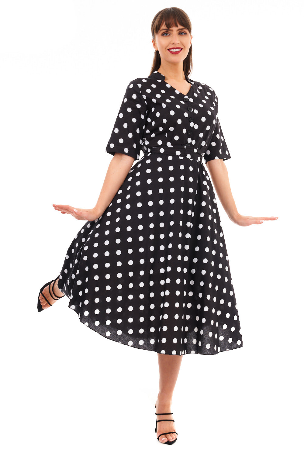 Retro Vintage 1940's Polka Dot Shirt Dress in Black