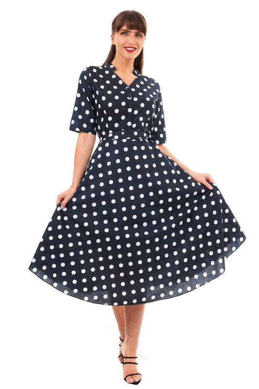 Retro Vintage 1940's Polka Dot Shirt Dress in Navy