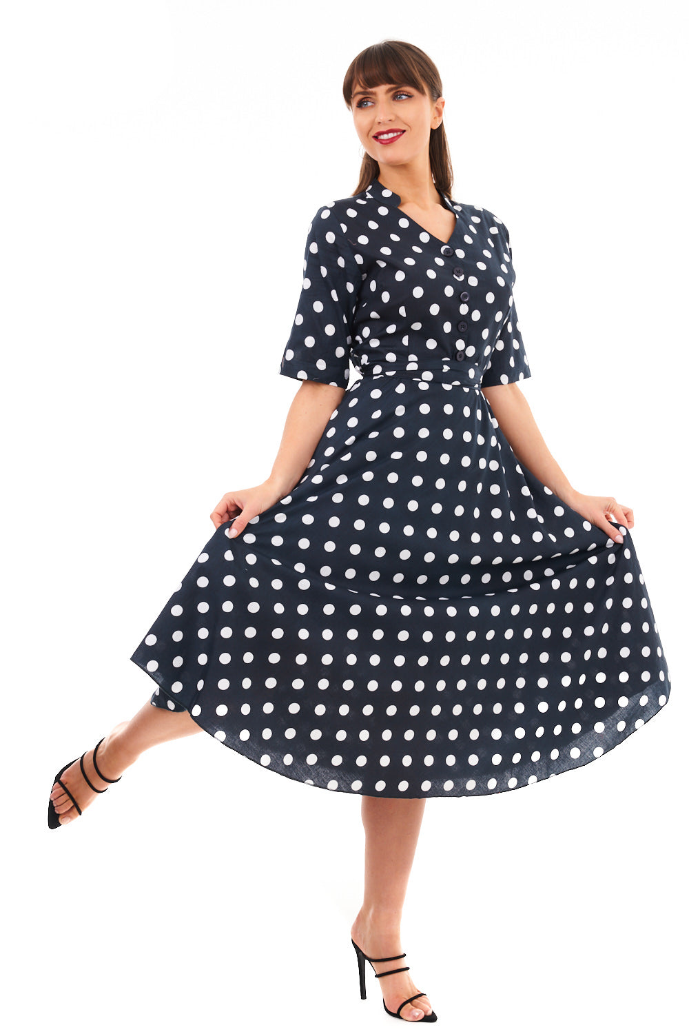 Retro Vintage 1940's Polka Dot Shirt Dress in Navy