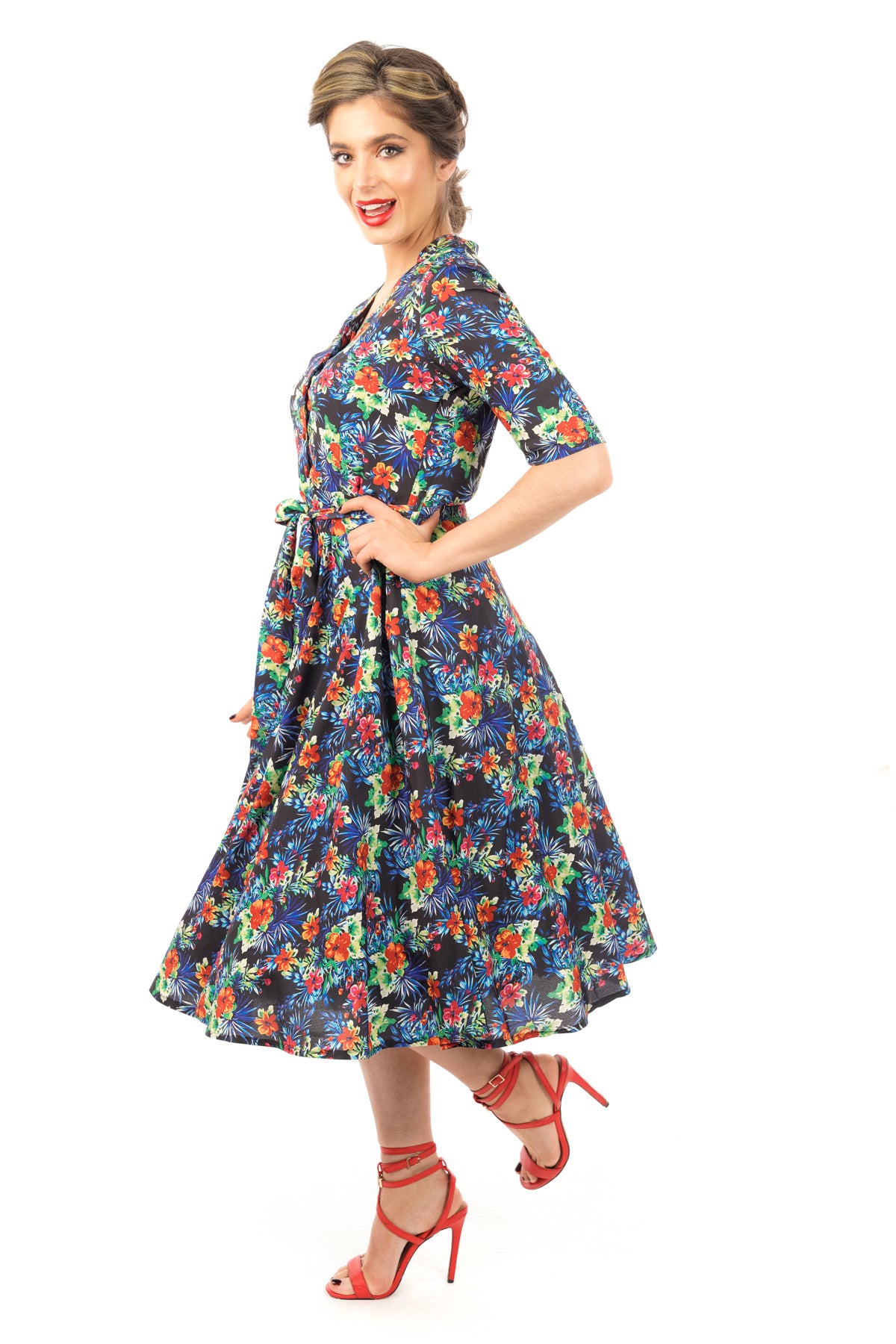 Retro Vintage inspired 1950's Midi Floral Shirt Dress In Black - Pack of 10