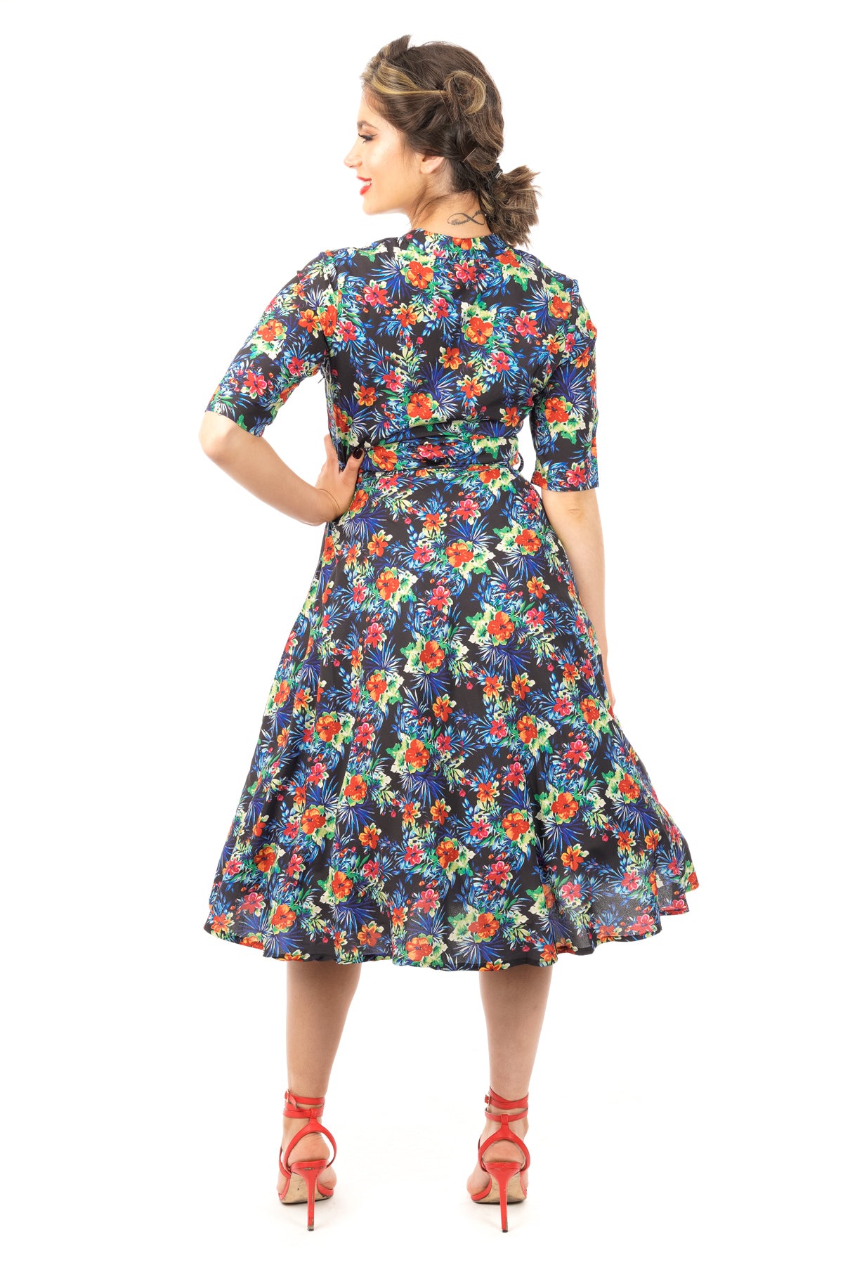 Retro Vintage inspired 1950's Midi Floral Shirt Dress In Black - Pack of 10