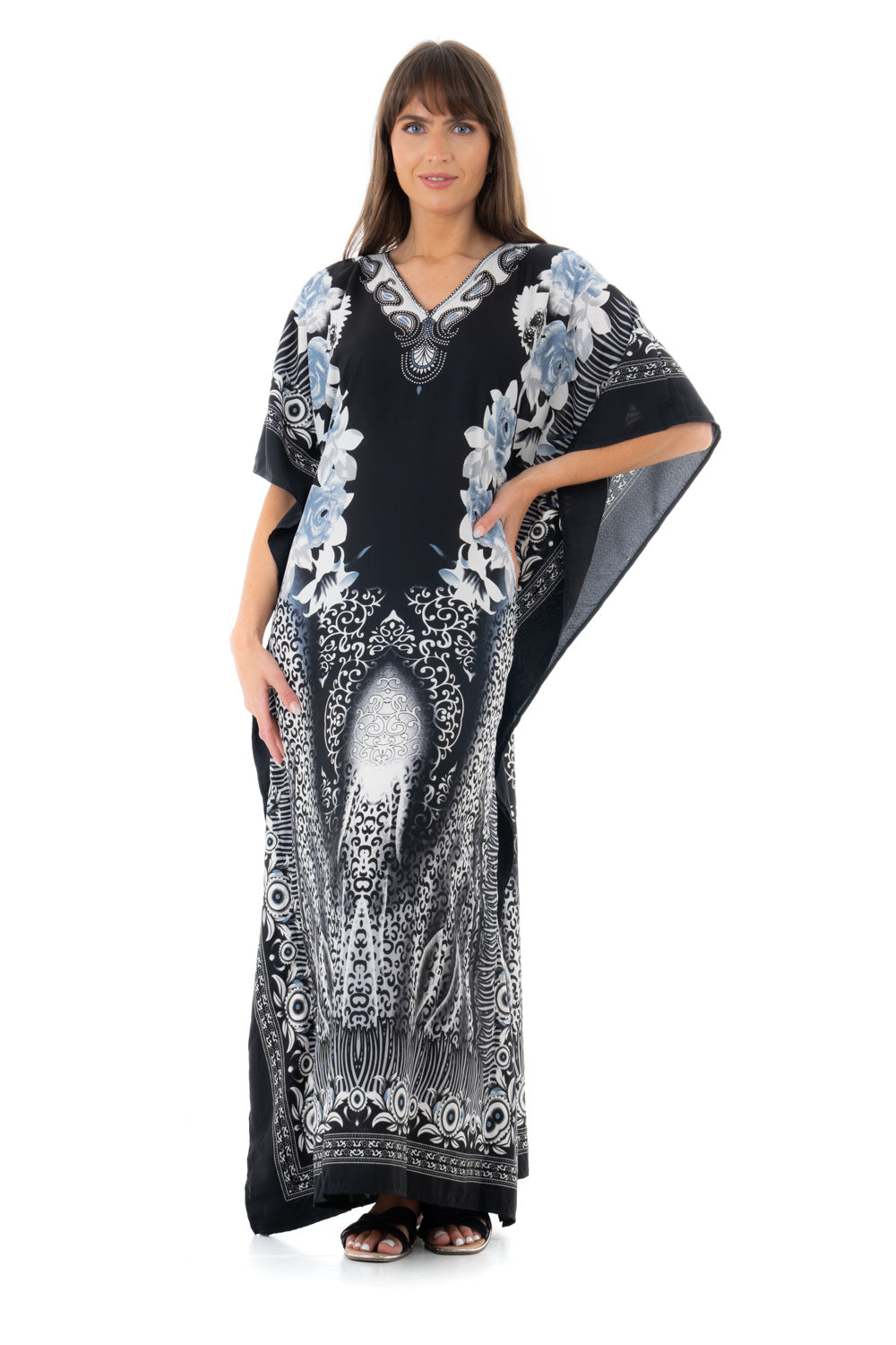 Full Length Long Maxi Kaftan Dress in Floral Black- Pack of 12