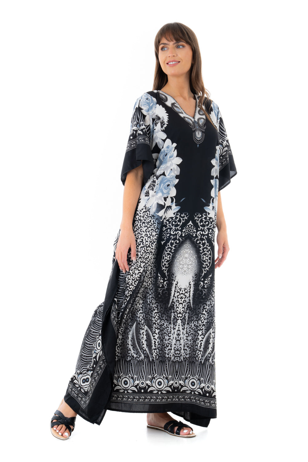 Full Length Long Maxi Kaftan Dress in Floral Black- Pack of 12