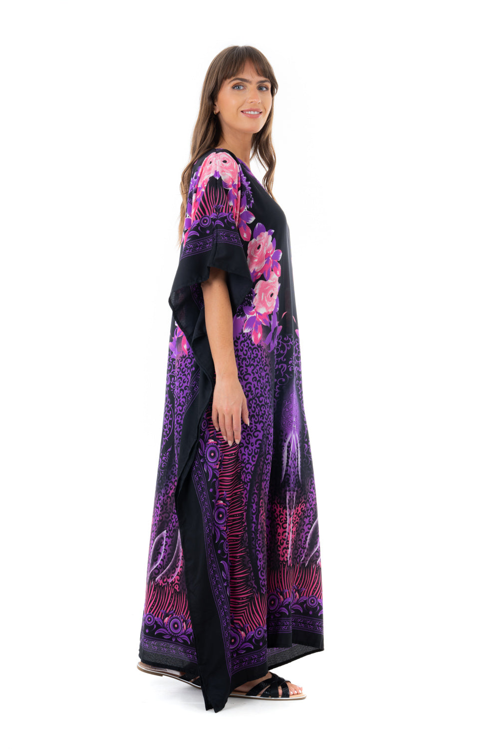Full Length Long Maxi Kaftan Dress in Floral Purple- Pack of 12
