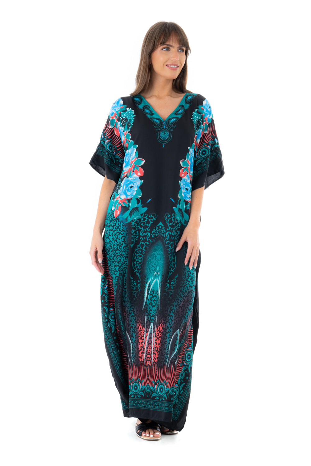 Full Length Long Maxi Kaftan Dress in Floral Teal- Pack of 12
