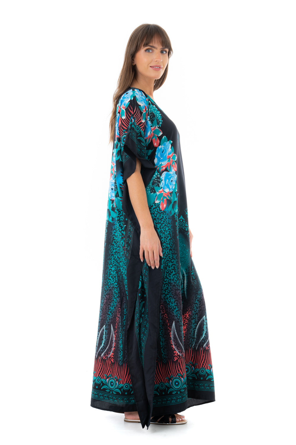 Full Length Long Maxi Kaftan Dress in Floral Teal- Pack of 12