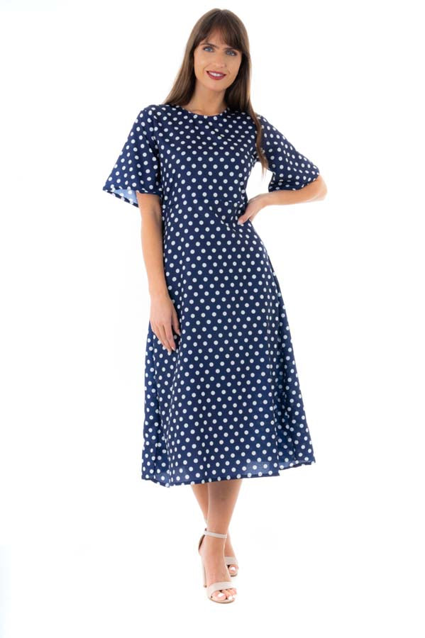 Ladies Navy Polka Dot Print Midi Shift Dress -  Pack of 10