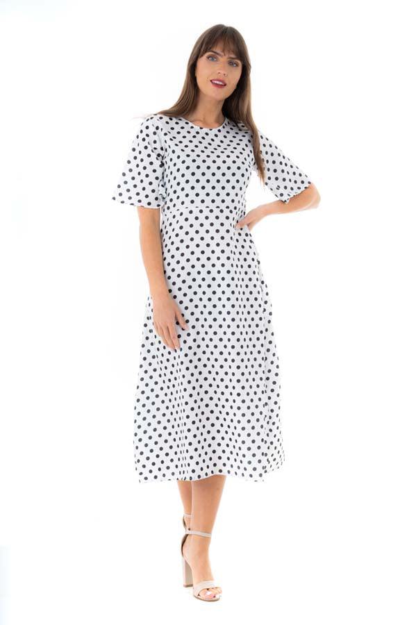 Ladies White Polka Dot Print Midi Shift Dress -  Pack of 10