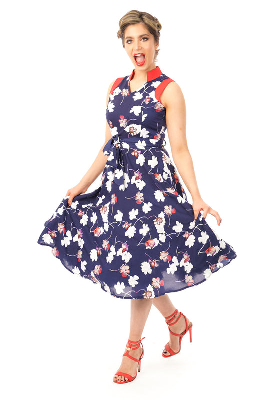 Retro Vintage inspired Floral Midi Dress in Blue -  Pack of 10
